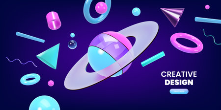 3D planet. Space tech shapes. Neon future universe with fun orbit sphere or glass star. Atom...