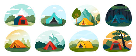 Camping set. Tent in forest and near lake. Outdoor weekend, expedition trip, campground with fire, tourist recreation and relaxation vector cartoon flat style isolated illustrationのイラスト素材