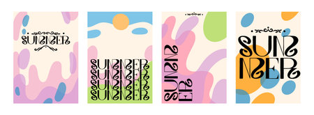 Summer background. Party abstract poster. Modern doodle art shapes on liquid pink or green paper....