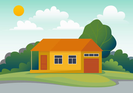 Home exterior. Real estate. Suburban house. Residential building. Suburban street. House facade with terrace and garage. Cottage in nature. Summer landscape. Vector neighborhood panoramaのイラスト素材