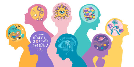 Different mind. Autism brain. Human silhouette head with puzzle. People mindset poster. Psychology perception. Creative or analytic think. Intelligence personality. Vector backgroundのイラスト素材