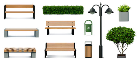 Park bench. 3D wood chair. City lamp and wooden garden furniture. Decorative urban exterior. Outdoor seat with dustbin. Hedge and tree. Urban flashlight. Vector realistic objects setのイラスト素材