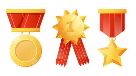 Golden winner prize. Gold medals on red ribbons. Prize trophy reward in sport or business competition. Guarantee certificate emblem. Premium quality. Vector cartoon isolated illustrationのイラスト素材