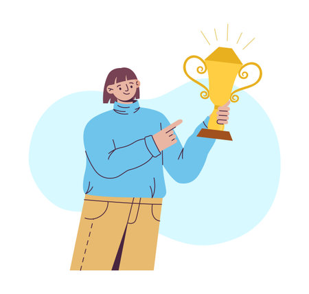 Woman with golden cup prize. Sport and business competition victory gold trophy. Goal achievement. Success person. Goblet first place. Vector cartoon flat isolated illustrationのイラスト素材