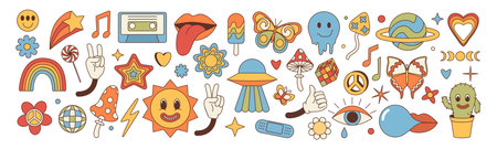 Music stickers. Psychedelic 70s disco flowers, retro ufo and smiley funky mushroom. 1970s vibe, groovy style. Love heart and eye. Vector cartoon flat style isolated vector design setのイラスト素材