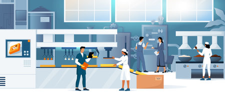 Product factory. Industrial food manufacture. Production conveyor and packaging machines. Automation processing plant. Automated electronic robots. Work interior. Vector flat conceptのイラスト素材