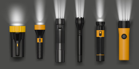Lamp light. 3D spotlight beam. Flash battery instrument. Flashlight equipment. Pocket flare floodlight. Shine projector ray. Electric illumination. Vector realistic lighting objects setのイラスト素材