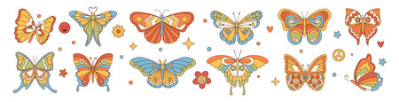 Groovy butterfly. Cute retro flower sticker, vintage psychedelic doodle print. 70s boho art, trippy fun set. Exotic tropical beauty insects bohemian style. Vector cartoon flat isolated setのイラスト素材