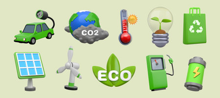 3d environment icons. Green energy for car, earth or world solar battery, eco save electric power panel. Ecology and nature eco care, nature power. Recycling bag vector cartoon isolated setのイラスト素材