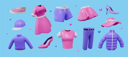 3d cloth. Fashion shop render clothing. Female dress and cardigan. Realistic store wear. Stylish accessories. Woman or man jacket. Fashionable outfit. Trendy apparel. Vector objects setのイラスト素材