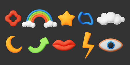 3D kid elements. Y2K shapes. Eye and rainbow. Puffy plastic cloud. Cute children style. Doodle glossy figures. Crescent and lightning. Minimal star. Liquid render set. Vector cartoon iconsのイラスト素材