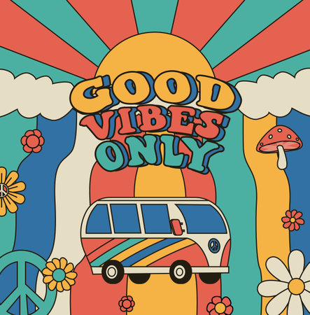 Hippie poster. Cartoon psychedelic banner. Good vibe. Travel auto bus van. Sky sun rays. Colorful rainbow. Peace symbol. Flowers and mushrooms. Retro placard. Vector nostalgic surreal cardのイラスト素材