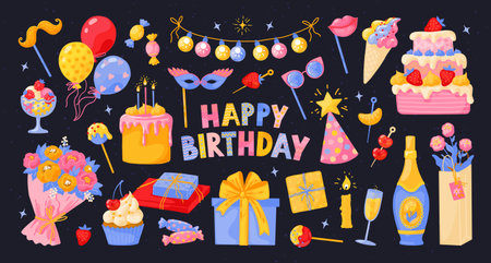 Birthday party. Happy doodle celebrate, cute retro gift or cool surprise invitation. Sweet birthday bakery. Present boxes, cake with candles and flowers. Vector cartoon flat isolated setのイラスト素材