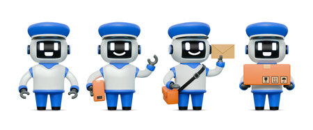 3D robot. Cute AI characters. Engineer mascot expression or facial friendly courier bot. Artificial...