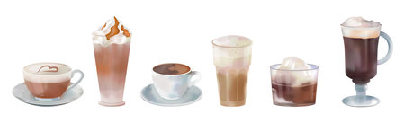 Coffee drinks. Cafe barista menu. Ice beverage cup. Hot latte glass. Cold frappe. Espresso or milk foam cappuccino. Watercolor caffeine americano. Vector restaurant isolated icons setのイラスト素材