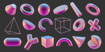 3D neon figures. Holographic object render. Abstract gradient capsule or tube. Sphere form. Donut ring and cube. Iridescent pyramid. Foil hemisphere. Vector isolated glossy shapes setのイラスト素材