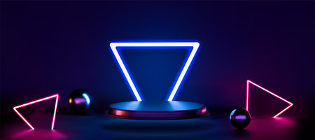 Neon podium. Casino game light platform for presentation, 3d geometric black and purple product...