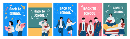 Back to school posters. Students education. Teacher at chalkboard. Schoolchildren in uniform. University people characters or college children training. Vector flat design cards setのイラスト素材