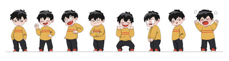 Manga character. Japanese cartoon face. Comic boy emotion expressions. Chinese man. Asian human....