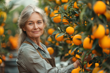 Smiling senior woman farmer worker in a orange fruits greenhouse, wearing agricultural worker clothes and gloves, looking over her shoulder. Created with Generative AIの素材