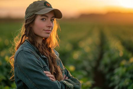 Portrait of a young volunteer agricultural worker woman in a field at sunset, wearing a cap and denim jacket, looking over her shoulder. Created with Generative AIの素材