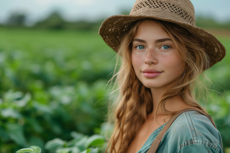 Beautiful portrait of a young rural girl in a green field, wearing a straw hat and and agricultural worker clothes, looking over her shoulder. Created with Generative AIの素材