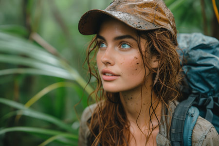 Portrait of a young female hiker with a big backpack, slightly dirty face and clothes in a tropical rainforest, showing a sense of adventure and exploration. Created with Generative AIの素材