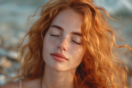 Close-up portrait of beautiful young ginger woman with closed eyes enjoying a seaside sunset, gentle sun light on her face. Created with Generative AIの素材