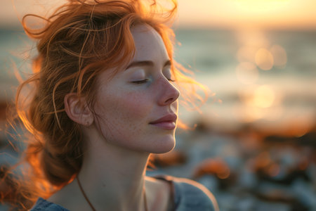 Close-up portrait of a serene young auburn woman with closed eyes, basking in golden sunlight, with a soft-focus seashore background. Created with Generative AIの素材