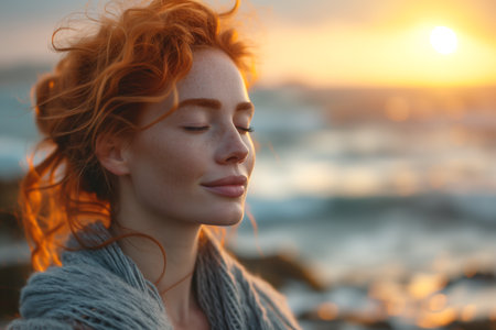 Serene sexual young woman with closed eyes enjoying a seaside sunset, gentle breeze in her hair. Created with Generative AIの素材
