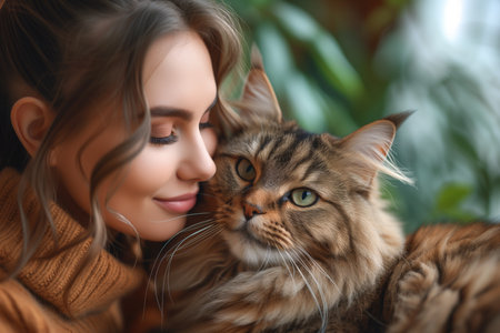 A captivating image capturing the serene moment of connection as a woman tenderly cradles a cat in her arms. Created with Generative AIの素材