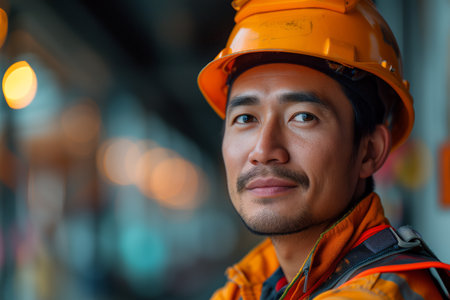 A civil engineer man wearing a hard hat and safety gear stands at a construction site. Created with Generative AIの素材