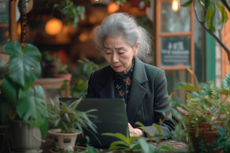 Graceful Asian mature business manager woman sits at a table in a cafe, surrounded by green plants, while using her laptop computer for work.の素材