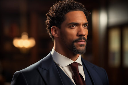 Handsome serious afro-american lawyer with beard in expensive blue suit posing in legal interior with warm ambient lighting.の素材