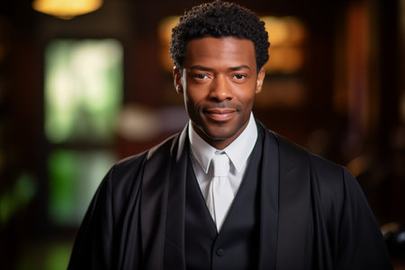 Confident smiling male lawyer in a luxurious interior, wearing black legal robe gown and white tie, with a blurred background.の素材