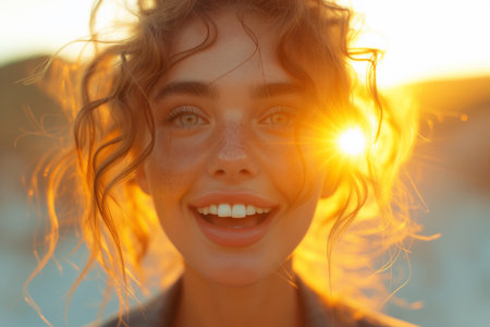 A close-up view of a young woman close with a beaming smile on her face, exuding joy and happiness. Created with Generative AIの素材