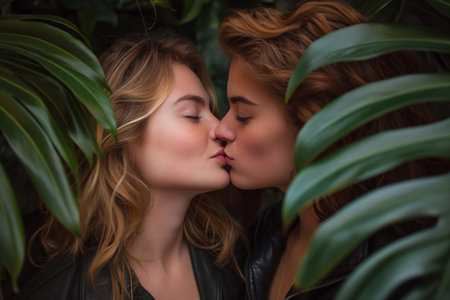 A close-up photograph of two women passionately kissing in a garden setting, surrounded by lush green foliage. Created with Generative AIの素材