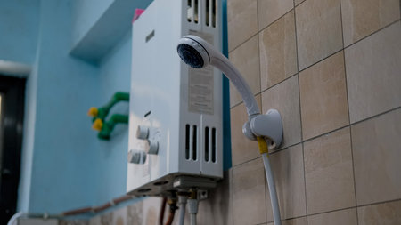 GHOREPANI, NEPAL - JANUARY 9, 2025: Traditional bathroom in guesthouse in Ghorepani in Nepal, hot shower for touristsの写真素材