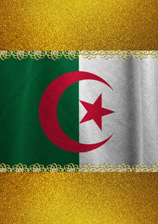 A national flag of Algeria, coloured green and white, designed with golden colours.の写真素材