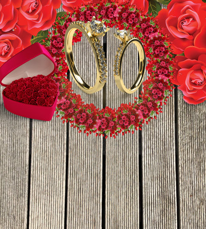 Wedding rings, red roses, red lovely hearts, flowers, love word, concept, on the wooden background, with a big space for your text.の写真素材
