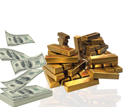 Isolated bars of gold and Us dollar notes on the white floorの写真素材