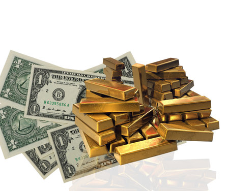 Isolated bars of gold and Us dollar notes on the white floorの写真素材