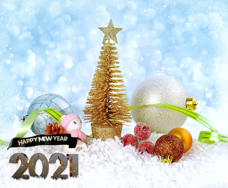 A 2021 happy new year, 3d illustration, letters designed in white snow, with colourful background for celebrating the beautiful new year 2021.の写真素材