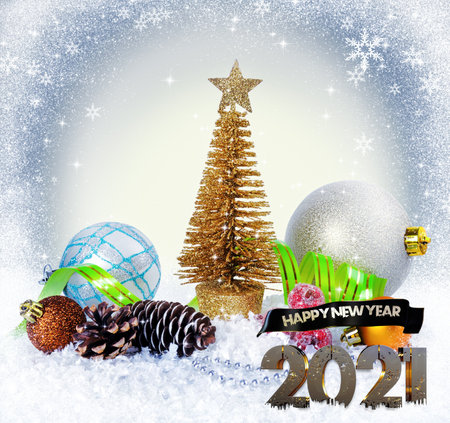 A 2021 happy new year, 3d illustration, letters designed in white snow, with colourful background for celebrating the beautiful new year 2021.の写真素材
