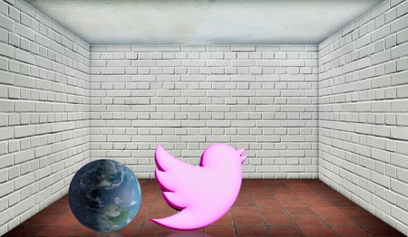 Dubai, United Arab Emirates - January, 03, 2021, a 3d twitter icon inside a 3d rendered room, a popular social media network.のeditorial素材