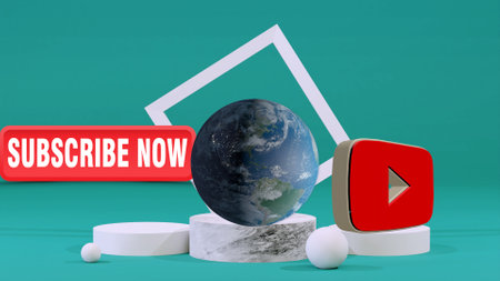 Dubai, United Arab Emirates - January, 04, 2021, 3d rendered earth globe, with a youtube icon and subscribe icon, a popular social media network in the world, on 3d rendered background.のeditorial素材