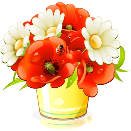 bunch of flowers in yellow bucketのイラスト素材