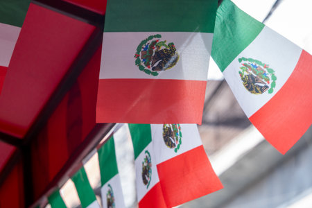 A row of flags with the Mexican flag in the middle. The flags are hanging from a red and white...