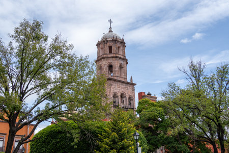 A tall tower with a cross on top stands in front of a green tree. The sky is clear and blue. Historic center of Queretaro City, decorations and traditions to celebrate Mexico's Independence Day, colonial architecture, alleys and facadesの写真素材
