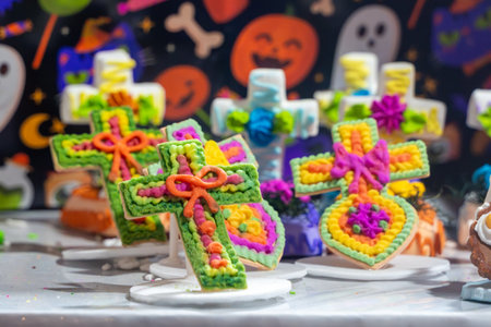 A table with a variety of colorful and decorated cookies, including a cross-shaped one. Mexican Day of the Dead tradition, offerings, food, colors, decorations, and papel picado, La Catrina.の写真素材